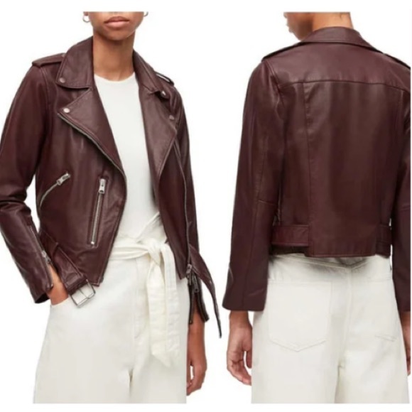 All Saints Balfern Biker Leather Jacket in Deep Berry - Picture 2 of 15